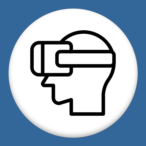 Line drawing of a person's head wearing VR headset icon on a white circle over a light blue background.