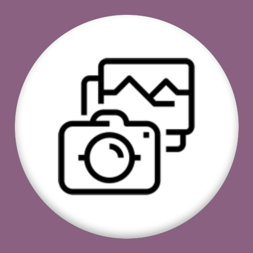 Camera icon in front of stacked image icons of mountains placed on top of a white circle with a light purple background.