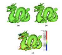 Three images of green synthetic dragon photogrammetry on a square white background.