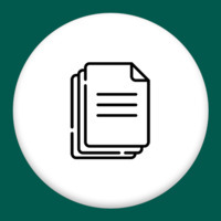 Black line drawing of a stack of papers on a white circle inside a dark green square.